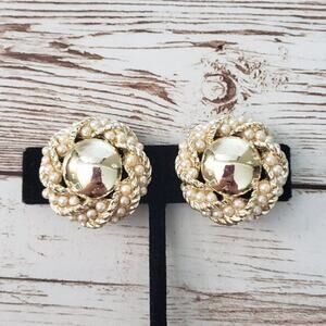 Vintage S.A.C. Clip On Earrings Gold Tone & Faux Pearl Large Statement